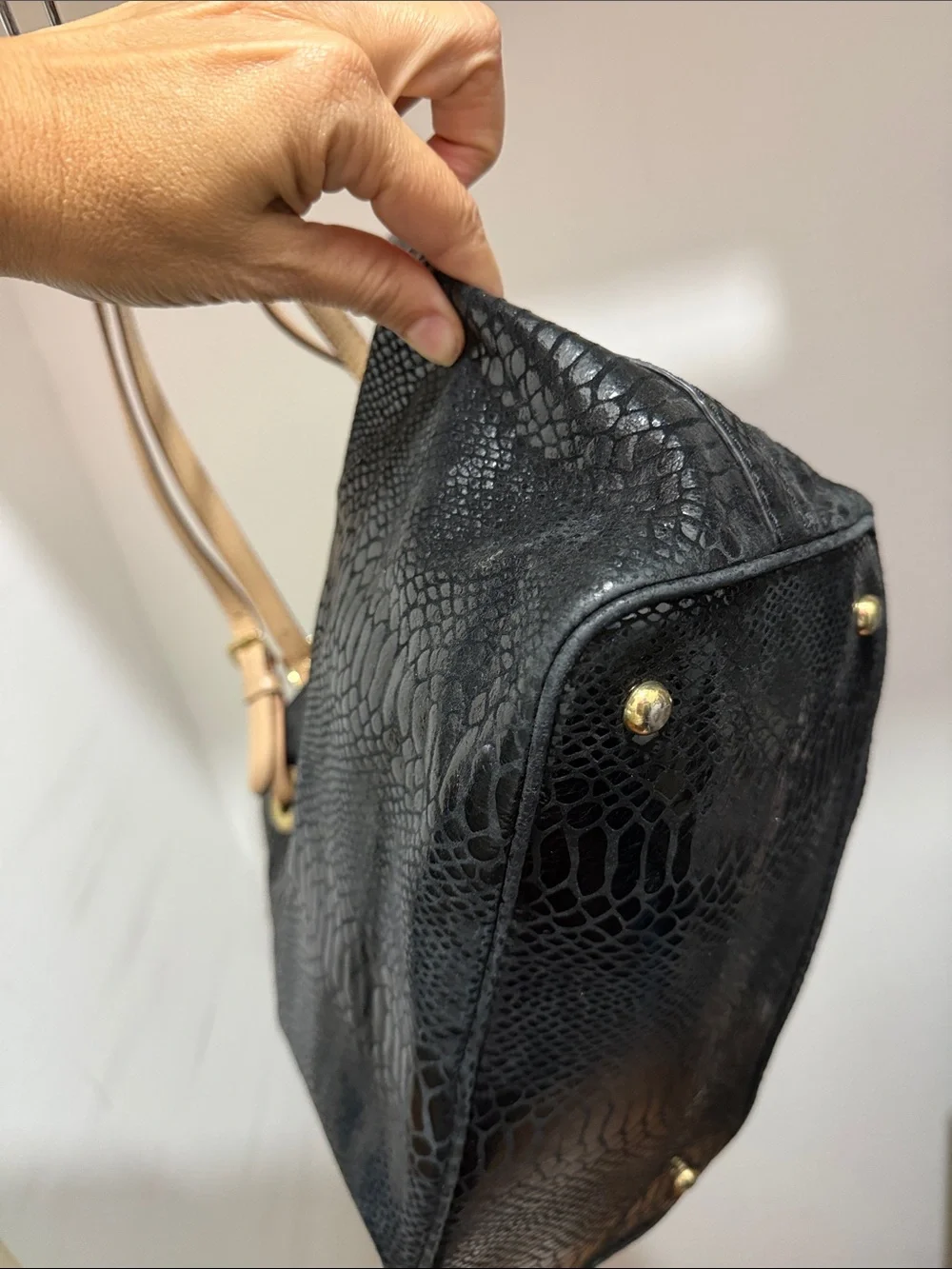 Michael Kors Black Faux-Snake Tote with Tan Shoulder Straps